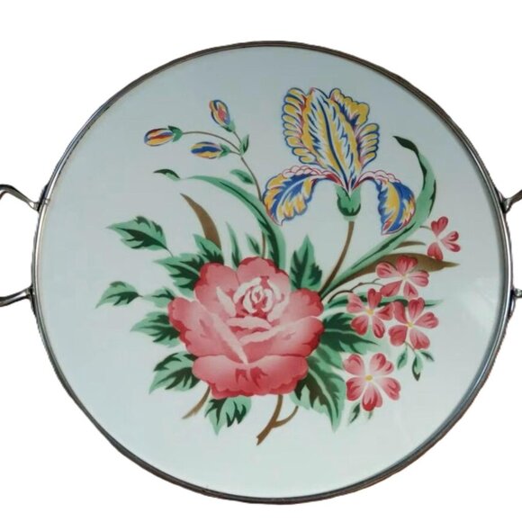 Vintage Cake Plate Platter Round Floral Porcelain Ceramic Tray with Handles - Picture 2 of 11
